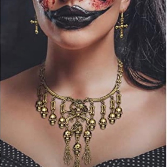 Gold Skull Necklace  Earrings - Picture 2 of 7